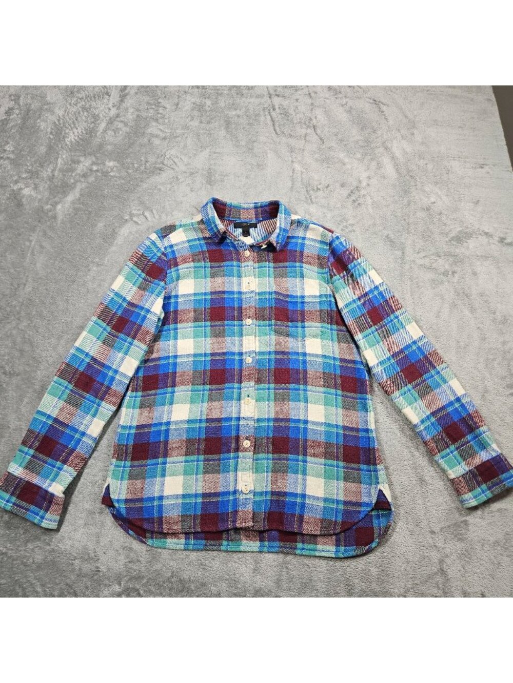 J Crew Top Womens 4 Blue Gemstone Plaid Shrunken Boy Shirt Button Up Flannel